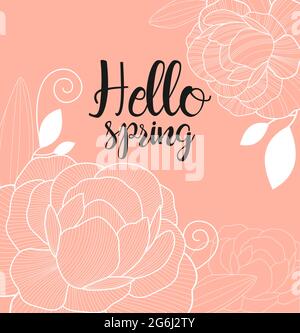 Vector illustration of beautiful peony bouquet in line design on pink background, Mothers day greeting card. Hello spring text. Stock Vector