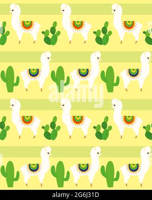 Vector illustration of seamless pattern with alpaca and llamas, funny lama and cactus colorful pattern for textile in cartoon flat style. Stock Vector