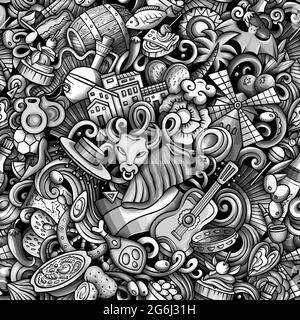Cartoon doodles Spain seamless pattern. Backdrop with Spanish culture symbols and items. Stock Vector