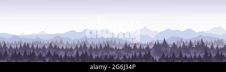Vector illustration of beautiful panoramic view blue mountains in the fog with pine forest. Stock Vector