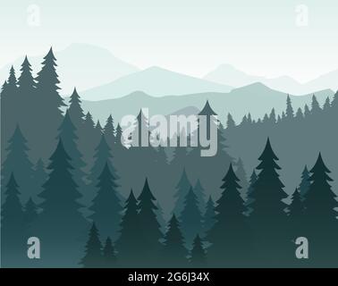 Vector illustration of pine forest and mountains vector background. Coniferous forest, fir silhouette and mountains in fog landscape. Stock Vector