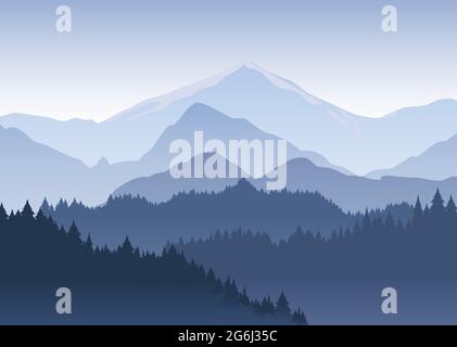 Vector illustration of the pine trees forest receding into the distance on the background of light blue mountains in thick fog. Stock Vector