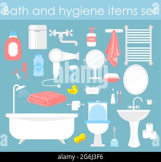 Vector illustration set of bathroom elements. Hygiene and toilet icons in flat cartoon style. Stock Vector