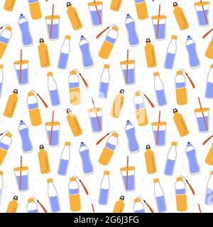 Vector seamless pattern. Reusable water bottles and glasses. Recyclable sports and eco-friendly containers. Repeating elements for print. Stock Vector