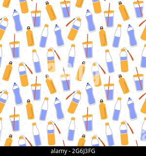 Vector seamless pattern. Reusable water bottles and glasses. Recyclable sports and eco-friendly containers. Repeating elements for print. Stock Vector
