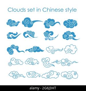 Vector illustration collection of blue clouds icons in Chinese style, flat design. Stock Vector