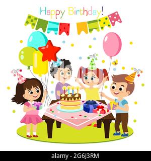 Cartoon decoration party. Celebrate birthday flags with confetti, festival  background and fun event decorations vector illustration Stock Vector Image  & Art - Alamy