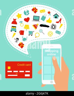 Vector illustration of online shopping concept. Buying online using mobile phone in hand and credit card with a lot goods icons on light blue color in Stock Vector