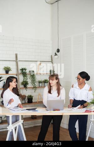 Group of diverse business women leaders working together at the office. Women only business office. Stock Photo