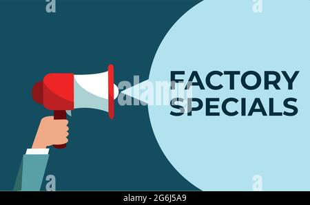 Factory specials text. Alert megaphone chat banner with user. Advertising discounts symbol. Stock Vector