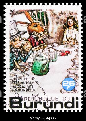 MOSCOW, RUSSIA - MARCH 21, 2020: Postage stamp printed in Burundi shows Lewis Carroll, Alice in the Wonderland, Fairy tales and fables serie, circa 19