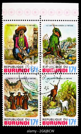 MOSCOW, RUSSIA - MARCH 21, 2020: Four postage stamps printed in Burundi from Fairy tales and fables serie, circa 1977 Stock Photo