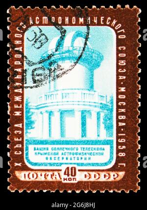 MOSCOW, RUSSIA - MARCH 21, 2020: Postage stamp printed in Soviet Union shows Crimea Observatory, 10th International Astronomical Union Congress serie, Stock Photo