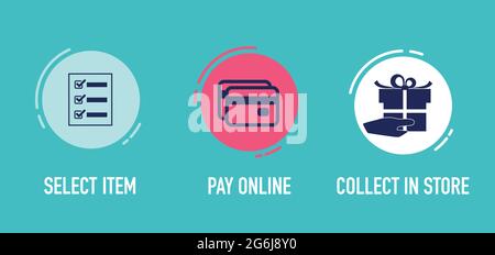Concept of shopping process with 3 successive steps isolated on blue. Timeline design for brochure, presentation, web site. Stock Vector