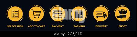 Concept of shopping process with 6 successive steps. Timeline design for brochure, presentation, web site. Stock Vector