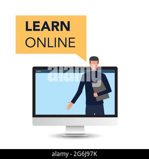 Learn from distance with teacher, online education. Boy and girl is sitting on laptop and studying. Stock Vector