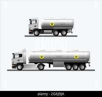 Set of vector images of modern American cars with a tank for transporting liquid biohazardous waste. Biological hazard. Stock Vector