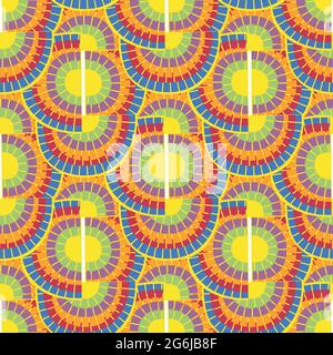 1970s style rainbow seamless vector pattern background. Backdrop with mosaic style oval pairs of rainbows in psychedelic colors. Funky overlapping Stock Vector
