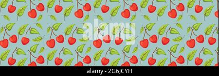 Seamless pattern, realistic red cherry with green leaves - Vector illustration Stock Vector