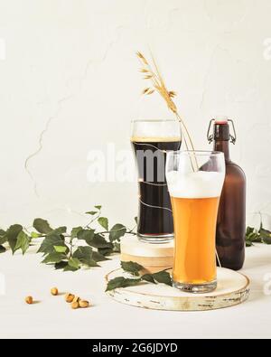 Vertical banner with two glasses of cold, homemade, light and dark, unfiltered beer, bottle, pistachios and leaves on a white background Stock Photo