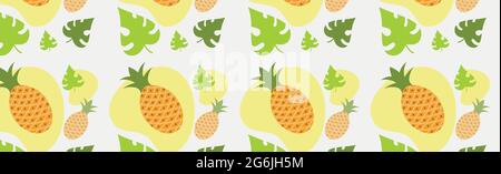 Seamless pattern, realistic ripe pineapples and leaves - Vector illustration Stock Vector