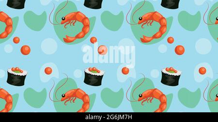 Seamless pattern, various seafood, caviar, shrimps, rolls - Vector illustration Stock Vector