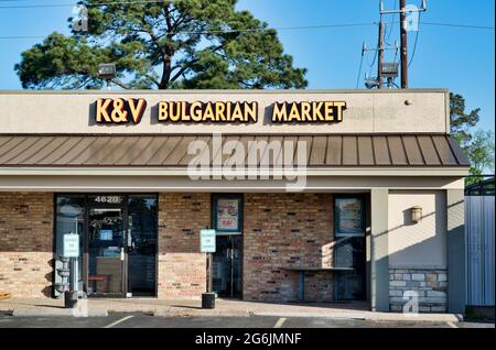 Houston, Texas USA 03-26-2021: K&V Bulgarian Market building exterior in Houston, TX. Imported European food business. Stock Photo