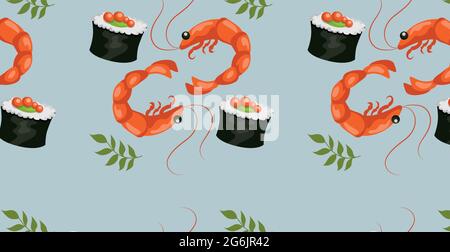 Seamless pattern, various seafood, caviar, shrimps, rolls - Vector illustration Stock Vector