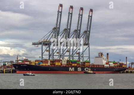 A Commercial Container Ship at the Port of Tilbury, UK Stock Photo