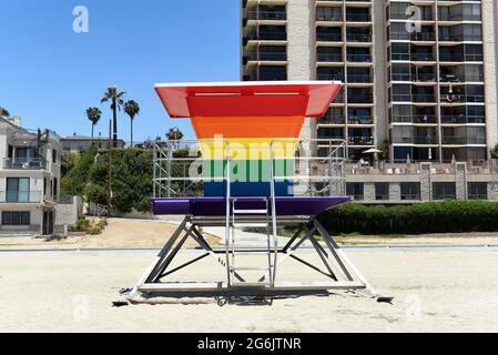 LONG BEACH, CALIF - 5 JUL 2021: Pride Tower, on Shoreline Way and 12th Pl. The rainbow-colored lifeguard tower supports the LGBTQ community. Stock Photo
