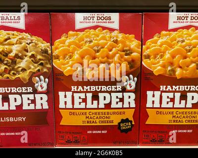 Boxes of Hamburger Helper on a store shelf Stock Photo