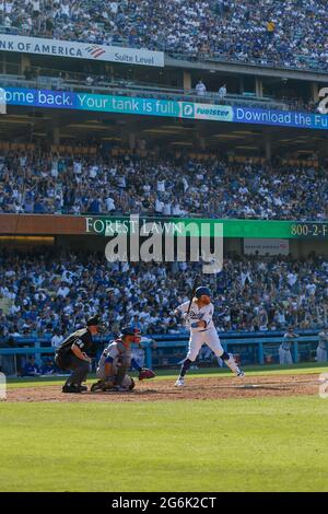 Los Angeles Dodgers third basemen Justin Turner (10) bats during an MLB regular season game against the Chicago Cubs, Sunday, June 27, 2021, in Los An Stock Photo
