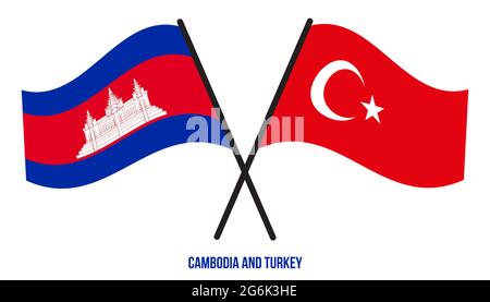 Cambodia and Turkey Flags Crossed And Waving Flat Style. Official Proportion. Correct Colors. Stock Vector