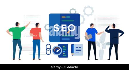 SEO search engine optimization marketing page team discussing analyzing performance code Stock Vector