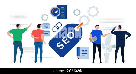 SEO search engine optimization marketing page team discussing analyzing performance code Stock Vector