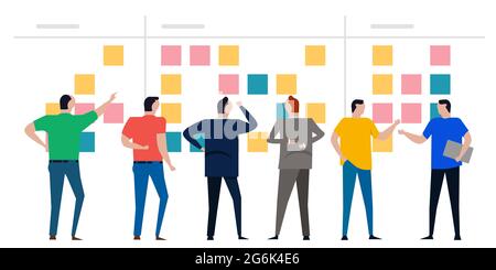 kanban board agile scrum wall of sticky notes team working together discuss from back colorfull Stock Vector