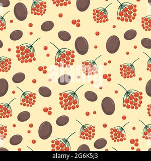 Walnuts and berries seamless pattern, autumn pattern in flat style, vector illustration Stock Vector