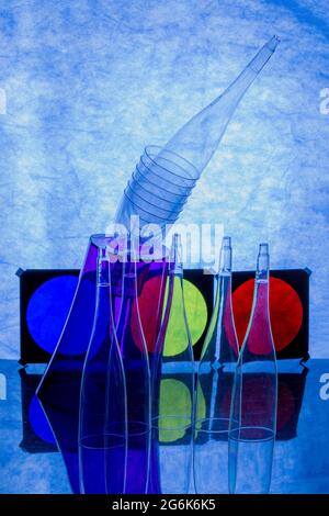 Abstract still life with transparent objects on blue background Stock Photo