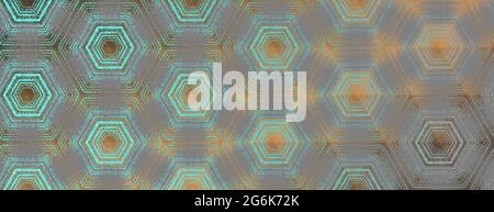 Hexagon pattern, abstract cyan, grey and bronze textured kaleidoscope ornament. Symmetric geometric design for wallpaper, background, banner, cover, collage, packaging. Stock Vector