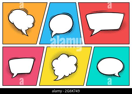 Comic speech bubbles with halftone shadows. Set of speech boxes isolated in colorful background. Handdrawn vector illustration Stock Vector