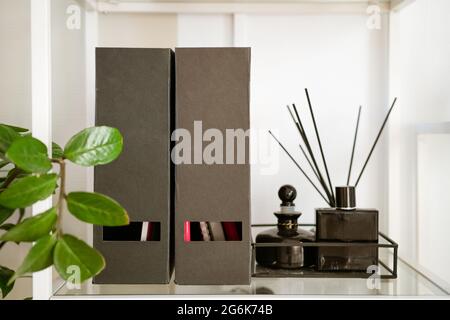 black light file folder and organizer on shelf with scented sticks, business man workplace concept Stock Photo