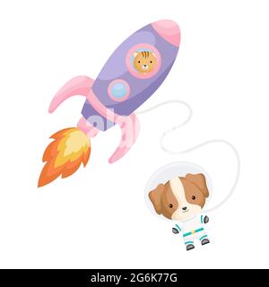 Cute little cat flying in violet rocket. Cartoon dog character in space costume with rocket on white background. Design for baby shower, invitation ca Stock Vector