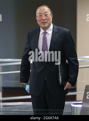 New York, NY, USA. 6th July, 2021. United Nations, New York, USA, July 06, 2021 - Ambassador Zhang Jun, Permanent Representative of China to the United Nations Speak to the Press Today at the UN Headquarters in New York City.Photo: Luiz Rampelotto/EuropaNewswire.PHOTO CREDIT MANDATORY. Credit: Luiz Rampelotto/ZUMA Wire/Alamy Live News Stock Photo