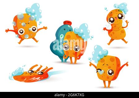 Cute kitchen sponge character in different poses isolated on white background. Vector set of cartoon funny dish washing sponge with soap foam and detergent bottle. Creative emoji set Stock Vector