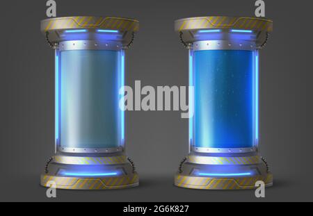 Cryonics capsules, empty and full futuristic containers, glass tubes with cryogenic liquid for hibernation. Scientific technology camera, Sci-fi laboratory equipment, Realistic 3d vector illustration Stock Vector