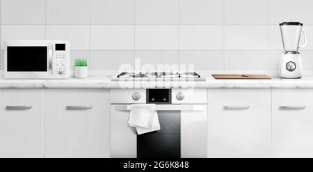 Kitchen counter top with microwave oven, gas stove, electric blender and cutting board. 3d design visualization, white table with marble countertop, cabinets and towel, Realistic vector rendering Stock Vector