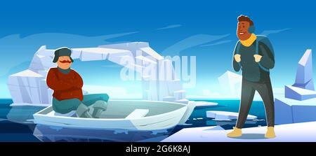 Arctic landscape with melting iceberg, boat and people on glacier floating in sea. Concept of scientific expedition or travel. Vector cartoon illustration of men on polar or antarctic ice in ocean Stock Vector