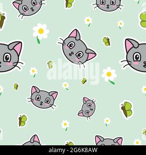 Seamless pattern, many cats, butterflies and daisies - Vector illustration Stock Vector