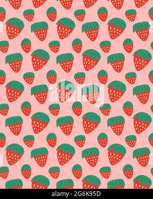 Simple childish pattern with strawberries on pink background. Vector natural flat texture with berries. Fabric with sweet delicious food. Wallpaper an Stock Vector