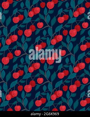 Seamless flat texture with cherries on branches with foliage on dark blue background. Cartoon pattern with berries. Drawn wallpaper with ripe fruits a Stock Vector
